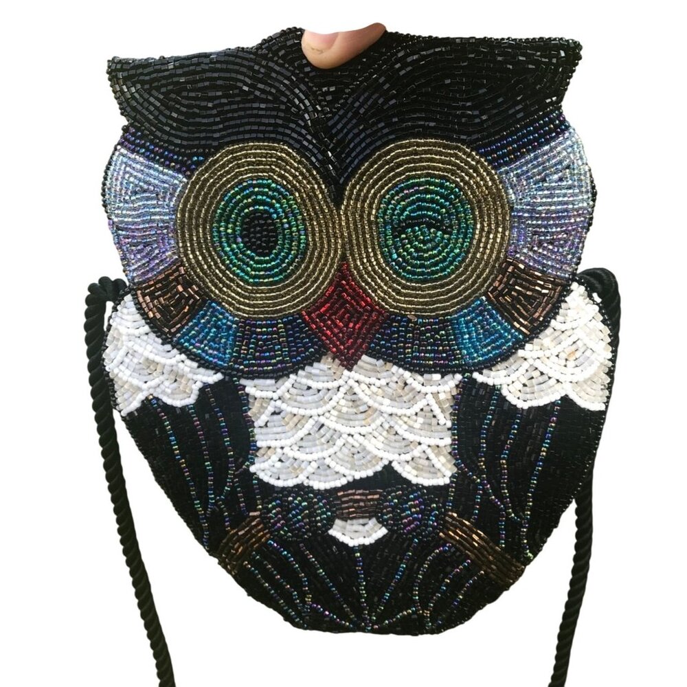 Beaded Owl-Shaped Crossbody Bag With Black Satin Lining & Magnetic Closure 7.5"